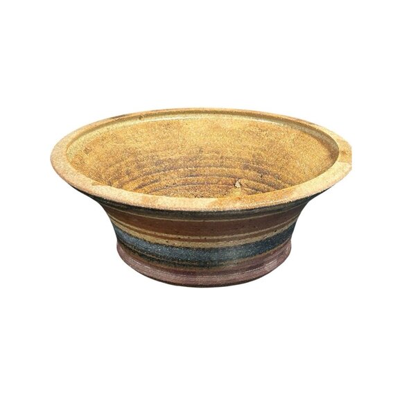 Vintage 1970s Hand Thrown Stoneware Stripe Earth-tone Planter Pot Bowl 9" x 3.5" - Picture 4 of 9